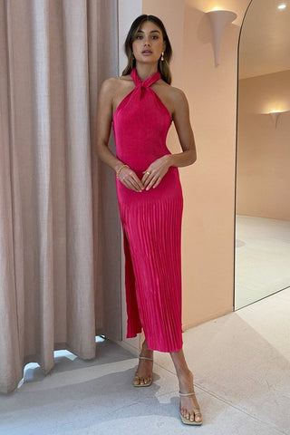 L'idée Soirée Pleated Halter Dress - Cherry