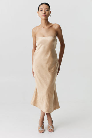 Third Form Satin Tie Back Strapless Midi Dress - Sand