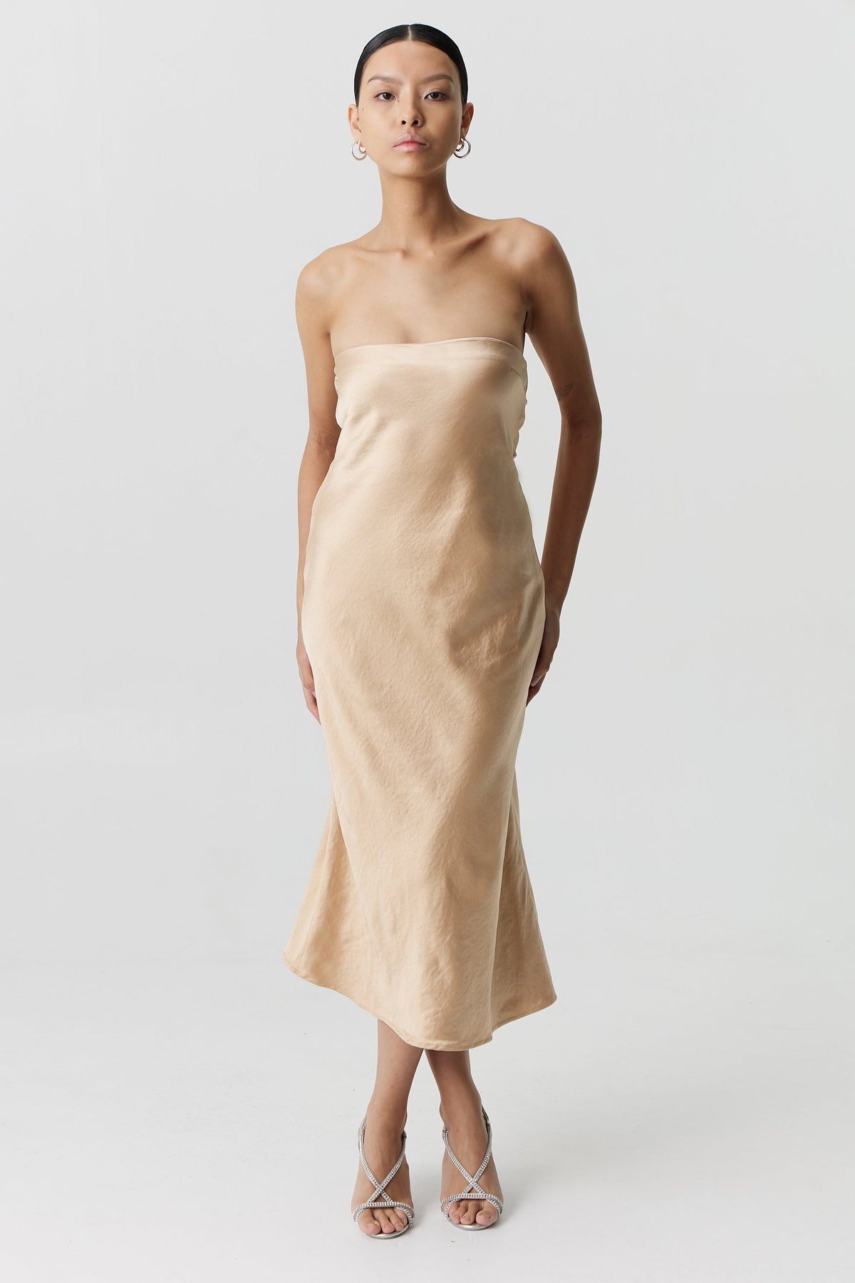 Third Form Satin Tie Back Strapless Midi Dress - Sand