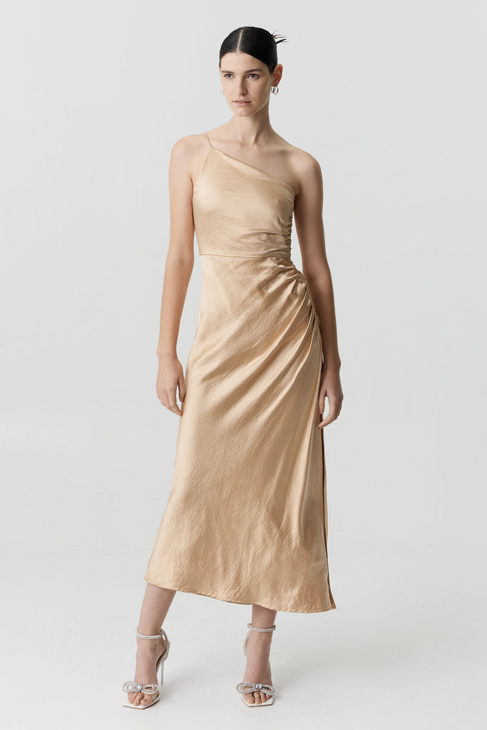slim fit dress slacks Third Form Satin Gather One Shoulder Dress - Sand