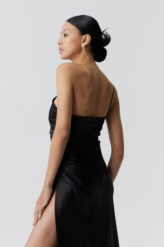 Third Form Satin Gather One Shoulder Dress - Black