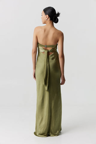 Third Form Satin Tie Back Strapless Maxi Dress - Olive