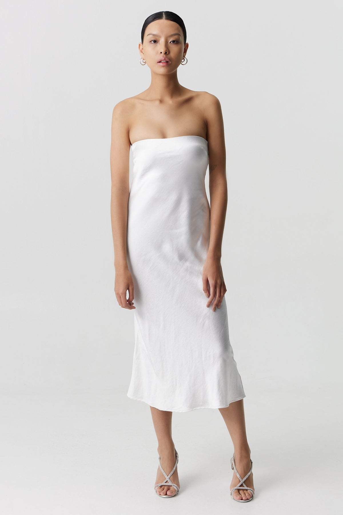 Third Form Satin Tie Back Strapless Midi Dress - Powder White