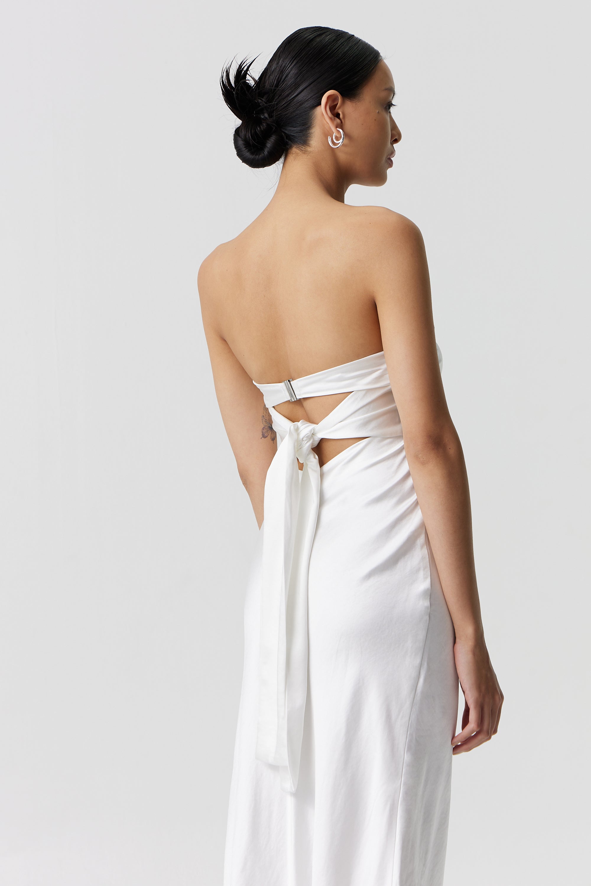 Third Form Satin Tie Back Strapless Midi Dress Powder White Dress Hire AU
