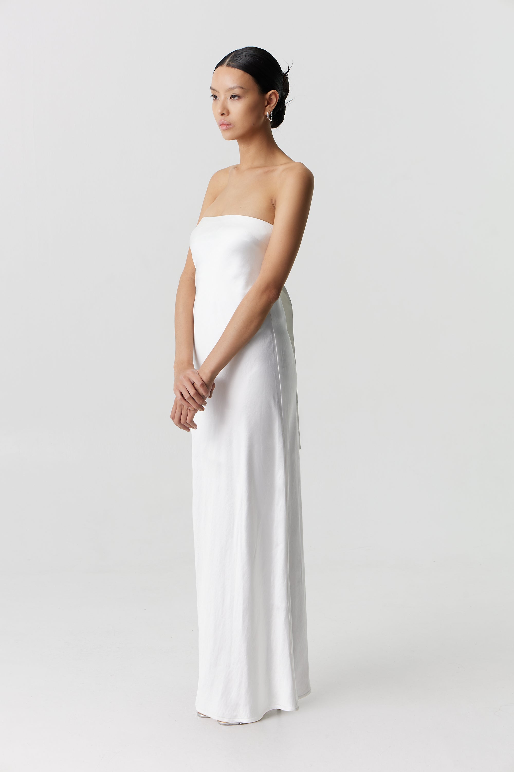 Third Form Satin Tie Back Strapless Maxi Dress Powder White